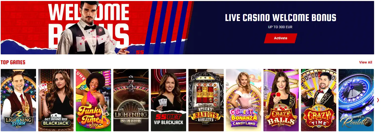 Promosi sambutan kasino langsung 55Bet dan permainan dealer.